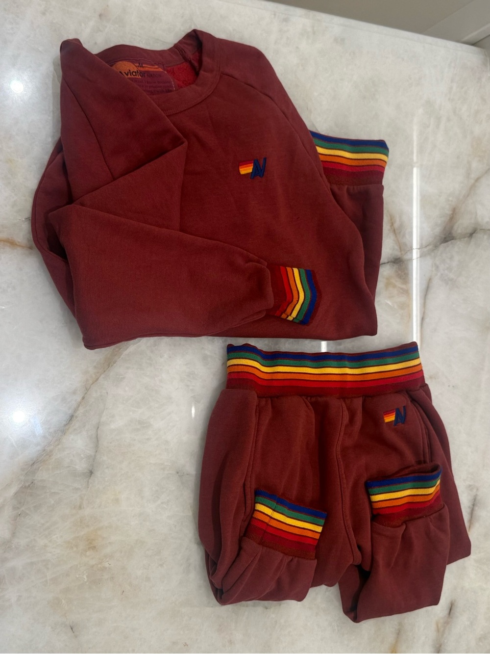 Aviator Nation Maroon Sweatshirt & Shorts Set with Rainbow Trim